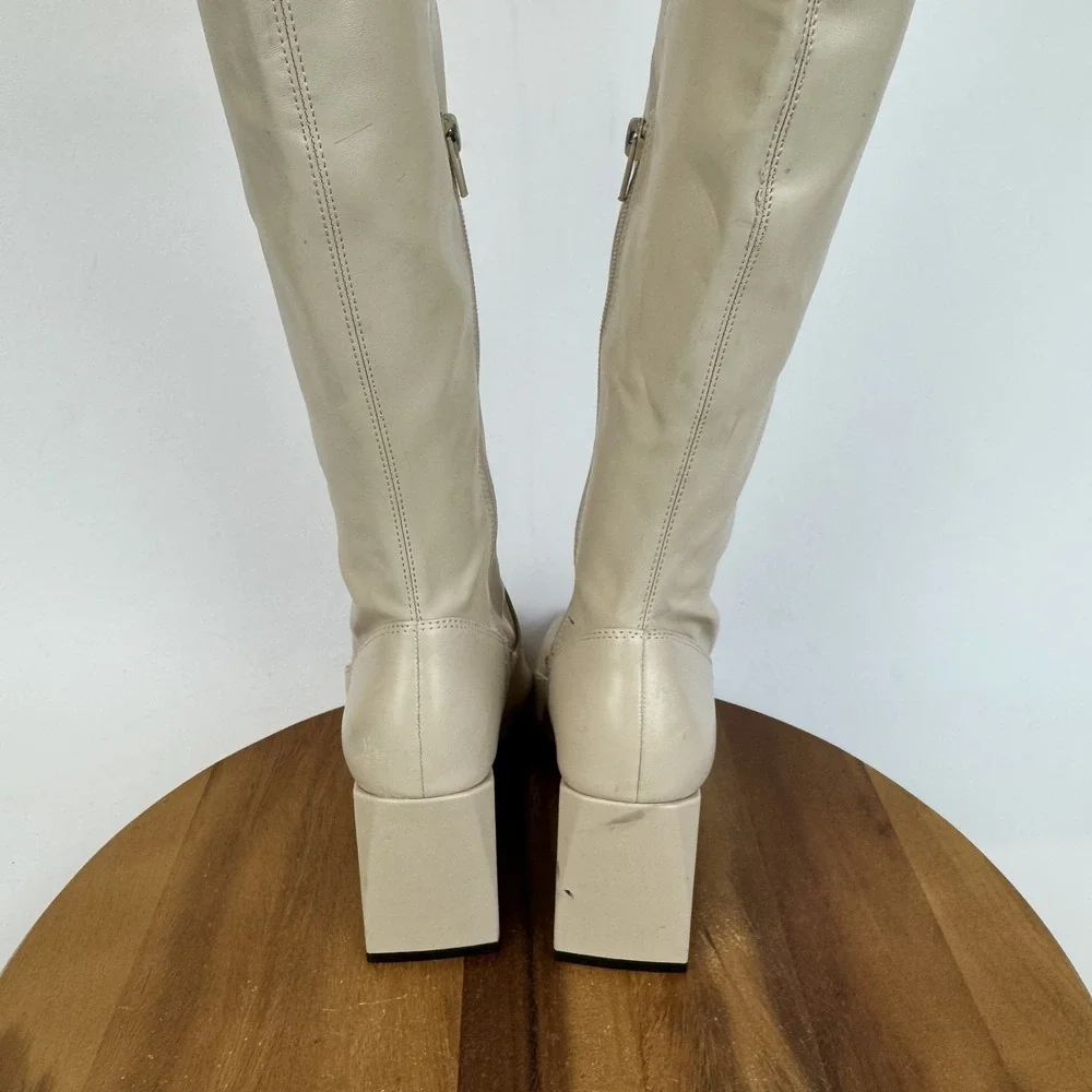 New Womens Open Edit Briar Cream Faux‎ Leather Over The Knee Heeled Boots Size 8